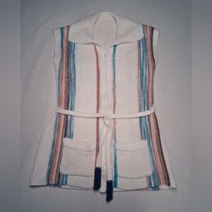 Vintage Striped Sleeveless Knit Vest with Belt Zip Up